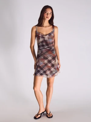 Bershka Sukienka Mini Z Tiulu W Kratę Kobieta Brązowy