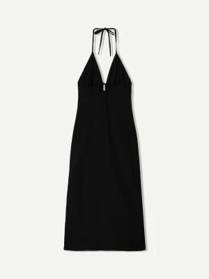Bershka Sukienka Średniej Długości Z Mieszanki Lnu Z Dekoltem Halter I Wiązaniem Kobieta Czarny