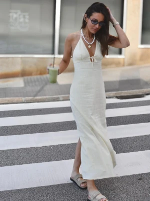 Bershka Sukienka Średniej Długości Z Mieszanki Lnu Z Dekoltem Halter I Wiązaniem Kobieta Żółty