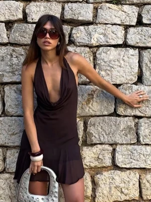 Bershka Sukienka Z Falbanami Kobieta Brązowy
