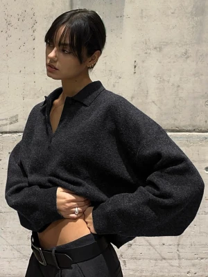 Bershka Sweter Boxy Z Kołnierzykiem Typu Polo Kobieta Szary