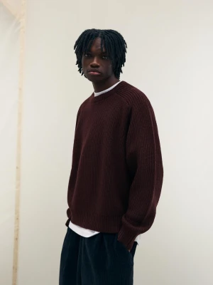 Bershka Sweter Dżersejowy Z Wełną Mężczyzna Bordowy