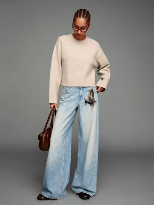 Bershka Sweter Oversize Dół Rib Kobieta Piaskowy