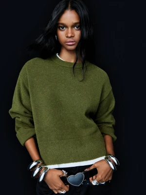 Bershka Sweter Oversize Dół Rib Kobieta Zielony