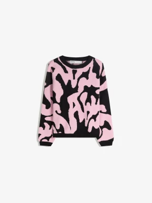 Bershka Sweter Szenilowy Z Nadrukiem Mężczyzna Różowy