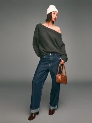 Bershka Sweter Typu Hiszpanka Z Prążkowanej Dzianiny Kobieta Szary