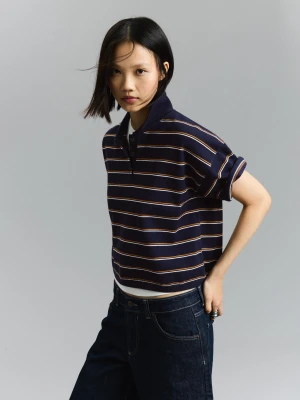 Bershka Sweter W Paski Z Kołnierzykiem Polo Kobieta Granatowy