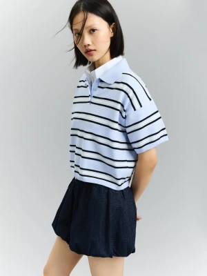 Bershka Sweter W Paski Z Kołnierzykiem Polo Kobieta Niebieski