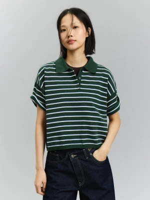 Bershka Sweter W Paski Z Kołnierzykiem Polo Kobieta Zielony