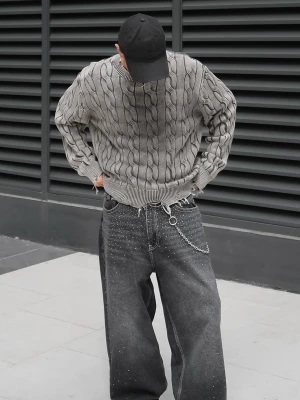 Bershka Sweter W Warkocze Mężczyzna Szary