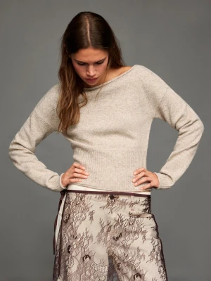 Bershka Sweter Z Dekoltem W Łódkę Kobieta Piaskowy