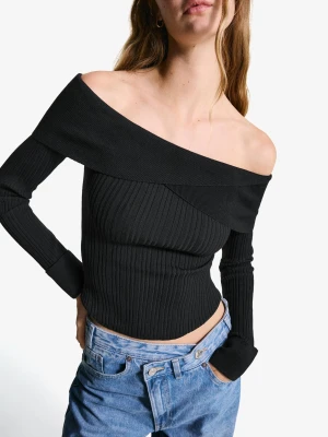 Bershka Sweter Z Fakturą I Dekoltem Typu Bardot Kobieta Czarny