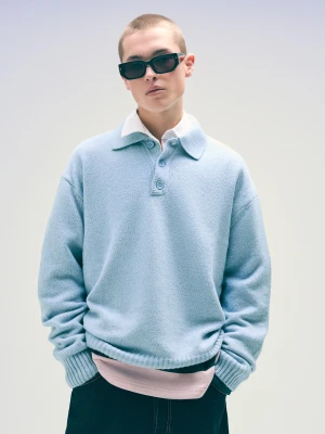 Bershka Sweter Z Kołnierzykiem Polo Mężczyzna Jasnoniebieski