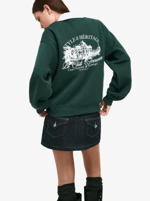 Bershka Sweter Z Kołnierzykiem Polo Z Nadrukiem Kobieta Zielony