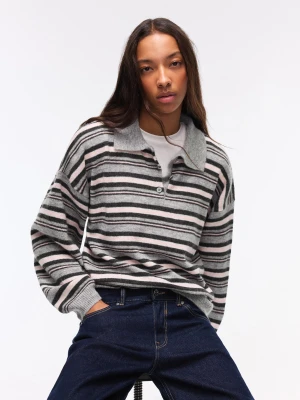 Bershka Sweter W Paski Z Kołnierzykiem Polo Kobieta Szary