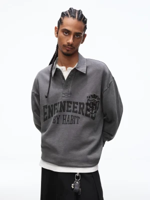 Bershka Sweter Z Kołnierzykiem Typu Polo Z Nadrukiem Mężczyzna Szary