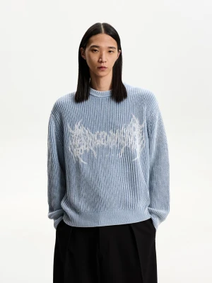 Bershka Sweter Z Nadrukiem Mężczyzna Niebieski