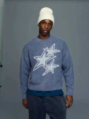 Bershka Sweter Z Nadrukiem Mężczyzna Niebieski