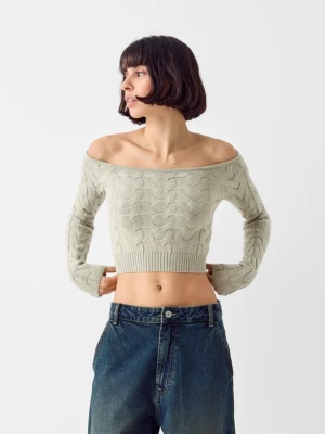 Bershka Sweter Z Odsłoniętymi Ramionami Z Warkoczowym Splotem Kobieta Khaki