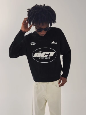 Bershka Sweter Z Okrągłym Dekoltem Z Szenili Z Nadrukiem Mężczyzna Czarny