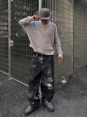 Bershka Sweter Z Siateczki Z Efektem Prania Mężczyzna Szary