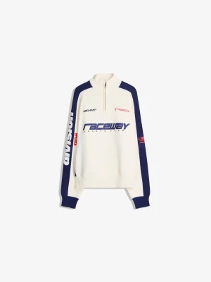 Bershka Sweter Z Suwakiem I Nadrukiem Mężczyzna Biały Złamany