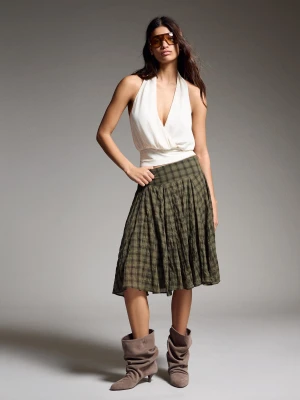 Bershka Szeroka Spódnica Midi W Kratę Kobieta Khaki