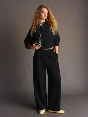 Bershka Szerokie Spodnie Z Dwuwarstwowej Tkaniny Kobieta Czarny