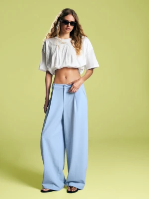 Bershka Szerokie Spodnie Z Dwuwarstwowej Tkaniny Kobieta Jasnoniebieski