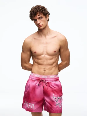 Bershka Szorty Kąpielowe Boxy Z Nadrukiem Mężczyzna Różowy