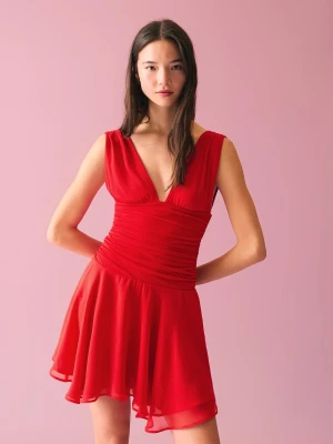 Bershka Szyfonowa Sukienka Mini Rozkloszowany Krój Kobieta Czerwony