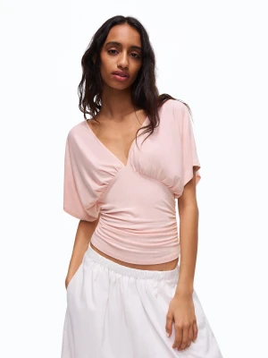 Bershka T-Shirt Z Dekoltem W Serek I Marszczeniami Kobieta Różowy