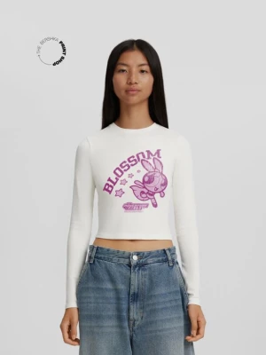 Bershka The Powerpuff Girls Printed Long Sleeve T-Shirt Kobieta Biały Złamany