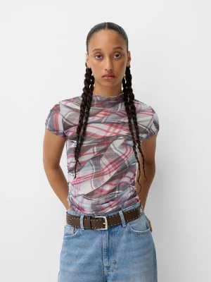 Zdjęcie produktu Bershka Tiulowa Koszulka W Kratę Z Krótkim Rękawem Bershka X Beetlejuice Kobieta Szary