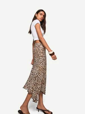 Bershka Tiulowa Spódnica Średniej Długości Z Nadrukiem I Falbanami Kobieta Kremowy