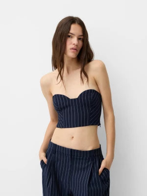 Bershka Top Bandeau W Prążki Z Dekoltem W Serce I Metalizowaną Nicią Kobieta Niebieski