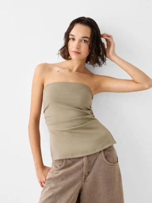 Bershka Top Bandeau Z Dzianiny Ponte Di Roma Z Ozdobnym Marszczeniem Kobieta Piaskowy