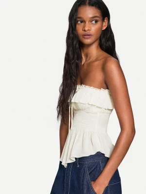 Bershka Top Bandeau Z Fakturą I Falbaną Kobieta Beżowy