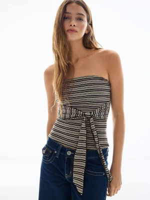 Bershka Top Bandeau Z Kokardą Kobieta Biały / Czarny