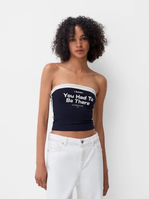 Bershka Top Bandeau Z Nadrukiem Kobieta Ciemnoniebieski