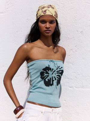 Bershka Top Bandeau Z Nadrukiem Kobieta Jasnoniebieski
