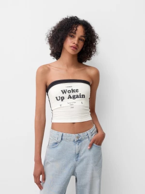 Bershka Top Bandeau Z Nadrukiem Kobieta Kremowy