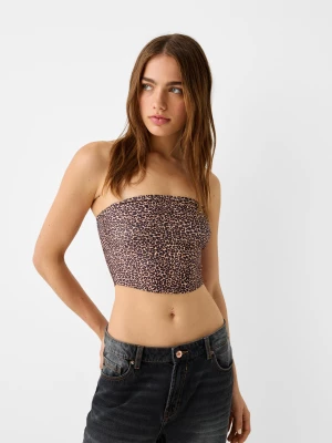 Bershka Top Bandeau Z Wywiniętym Brzegiem Kobieta Beżowy