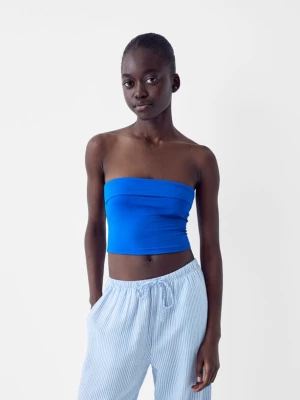 Bershka Top Bandeau Z Wywiniętym Brzegiem Kobieta Niebieski