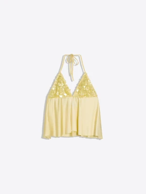 Bershka Top Halter Łączone Cekiny Kobieta Żółty