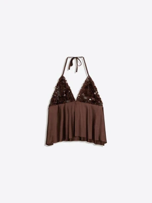 Bershka Top Halter Łączony Z Cekinami Kobieta Brązowy