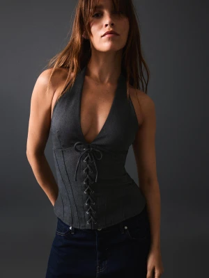 Bershka Top Halter Z Efektem Gorsetu Kobieta Ciemnoniebieski