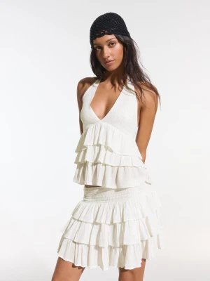 Bershka Top Halter Z Falbankami Kobieta Biały