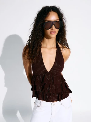 Bershka Top Halter Z Falbankami Kobieta Brązowy
