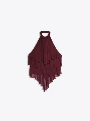 Bershka Top Halter Z Falbankami Kobieta Rubinowy